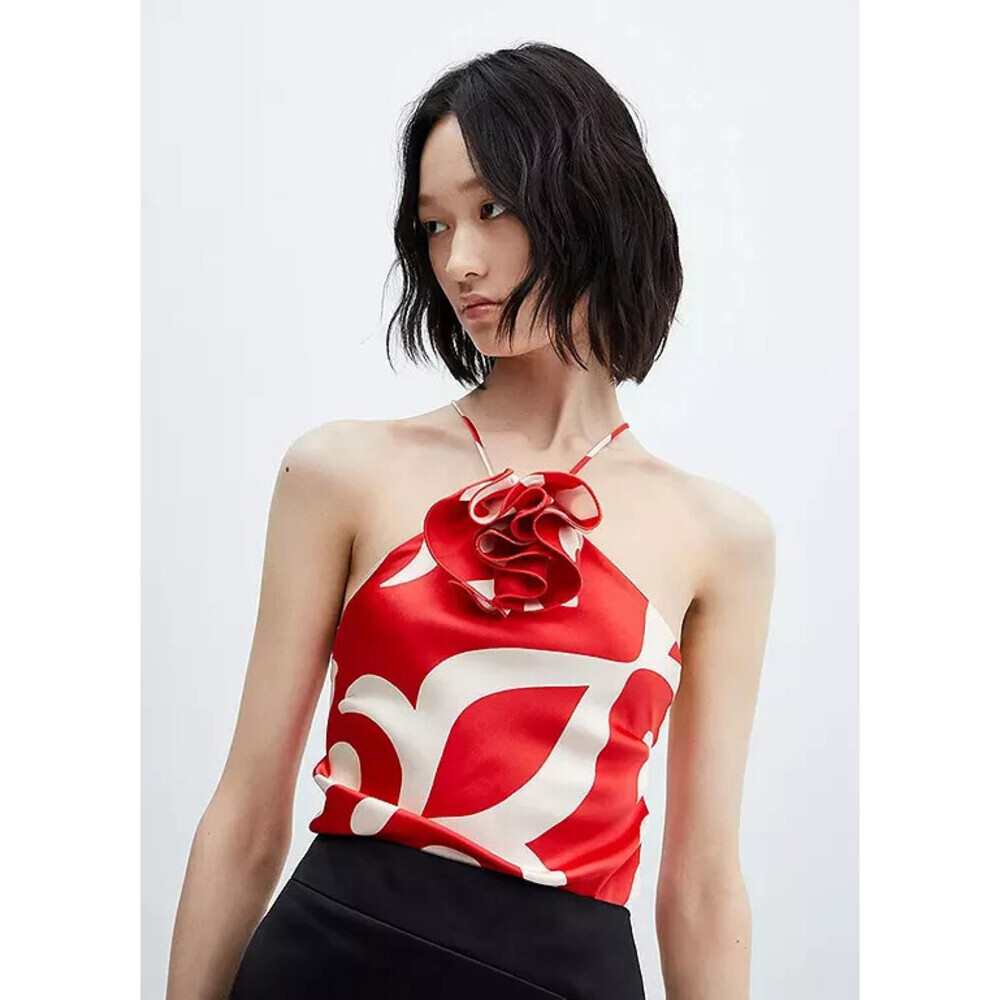 Mango Rosh Crop Top Women's S Red Beige Stretch Spaghetti Strap Pullover RED985